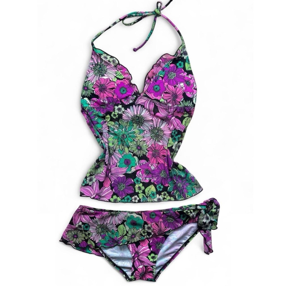 Floral Halter Bikini Set - Purple and Green